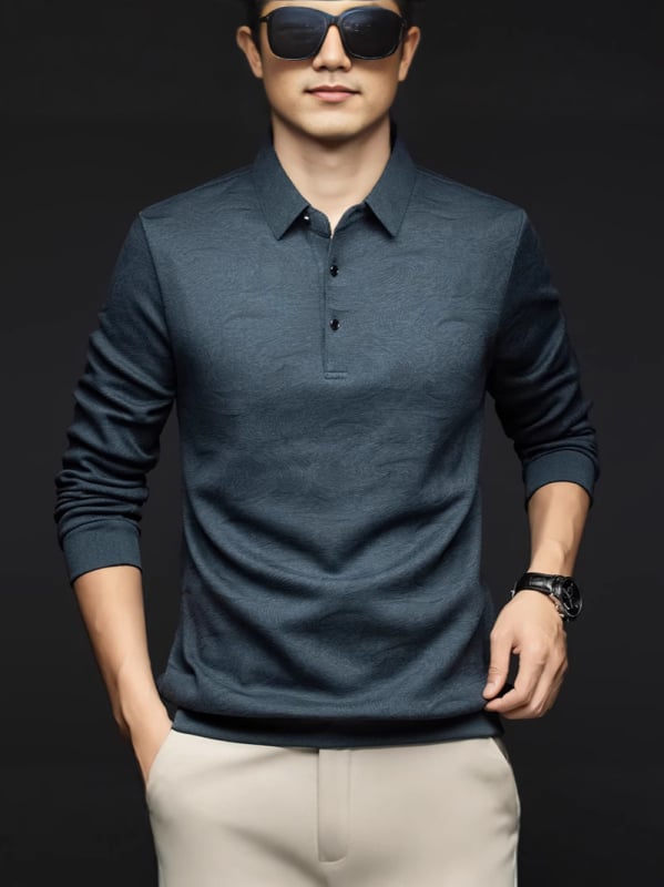 YINGAO férfi fleece-béléssel készült polo téli kiadás, szabad szabású, mintás nyomtatás