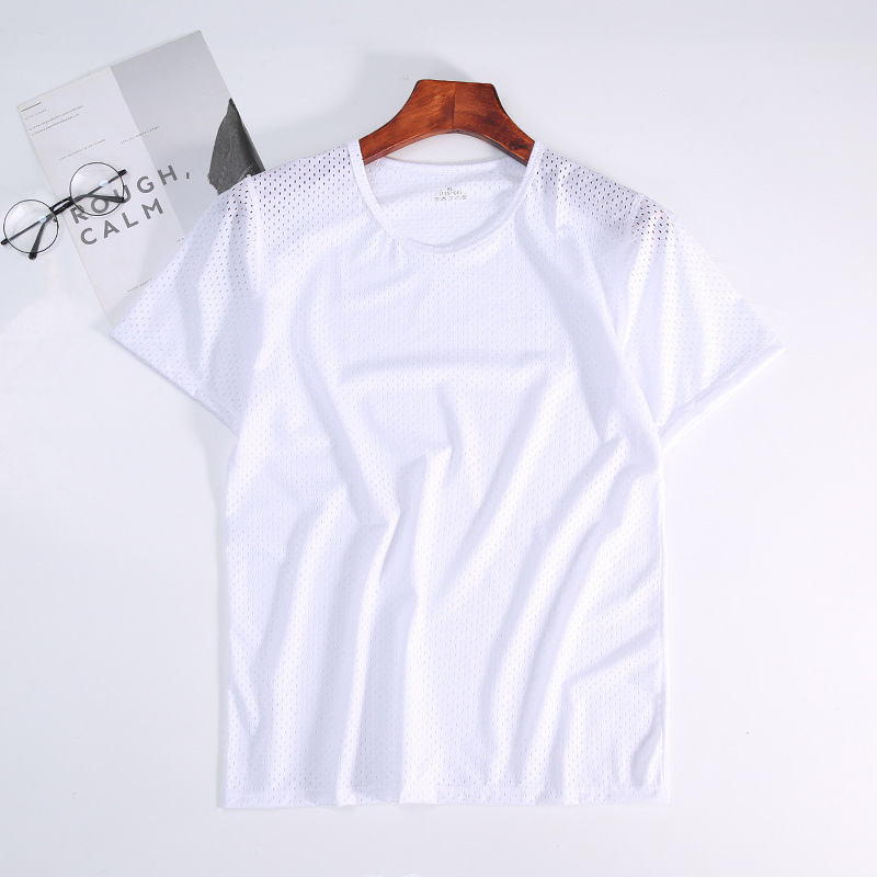 Αντρικό T‑shirt καλοκαιρινό από ice silk με πλέγμα, κοντά μανίκια, στρογγυλή λαιμόκοψη, χαλαρή εφαρμογή, διαπνέον και γρήγορο στέγνωμα, Plus Size
