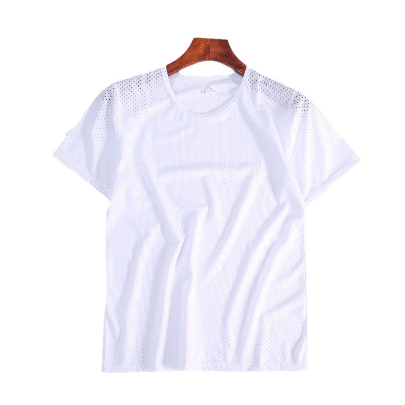 Αντρικό T‑shirt καλοκαιρινό από ice silk με πλέγμα, κοντά μανίκια, στρογγυλή λαιμόκοψη, χαλαρή εφαρμογή, διαπνέον και γρήγορο στέγνωμα, Plus Size