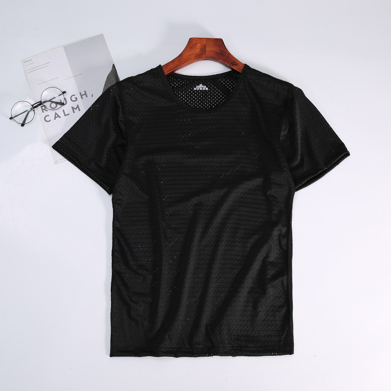 Αντρικό T‑shirt καλοκαιρινό από ice silk με πλέγμα, κοντά μανίκια, στρογγυλή λαιμόκοψη, χαλαρή εφαρμογή, διαπνέον και γρήγορο στέγνωμα, Plus Size
