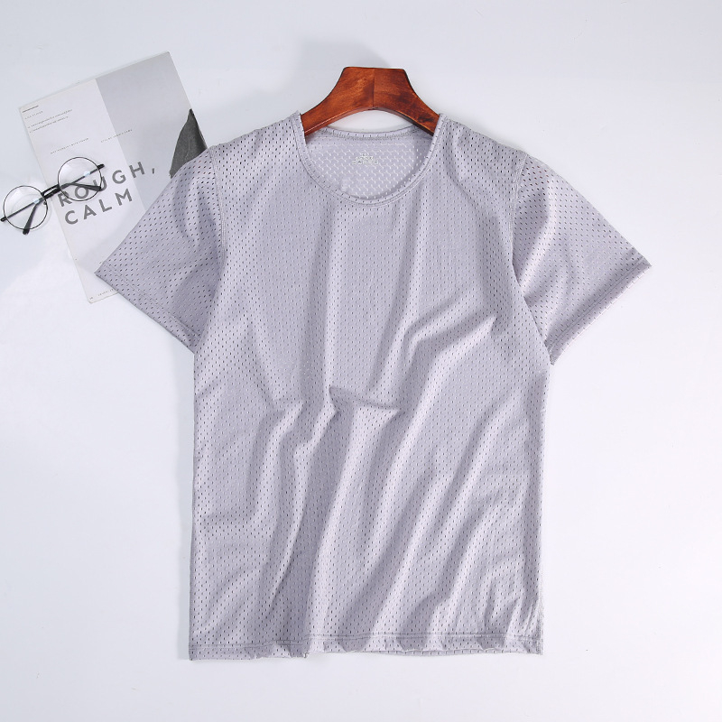 Αντρικό T‑shirt καλοκαιρινό από ice silk με πλέγμα, κοντά μανίκια, στρογγυλή λαιμόκοψη, χαλαρή εφαρμογή, διαπνέον και γρήγορο στέγνωμα, Plus Size
