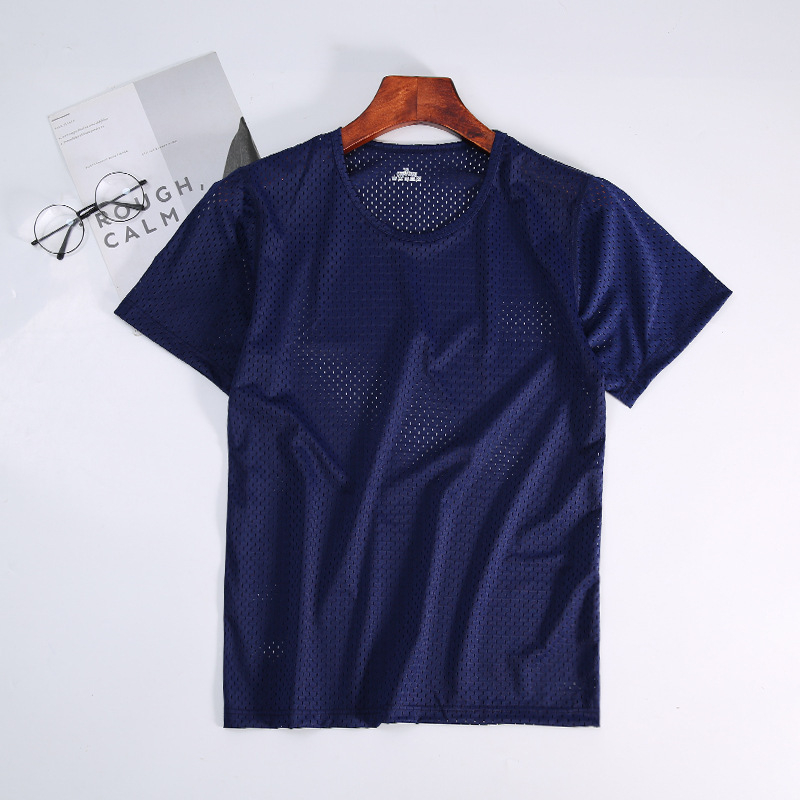 Αντρικό T‑shirt καλοκαιρινό από ice silk με πλέγμα, κοντά μανίκια, στρογγυλή λαιμόκοψη, χαλαρή εφαρμογή, διαπνέον και γρήγορο στέγνωμα, Plus Size