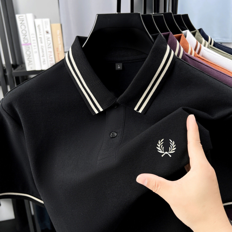 Férfi póló polo Slim-Fit, rövid ujjú, tiszta pamut, légáteresztő, hímzett díszítés, prémium üzleti-kényelmes stílus