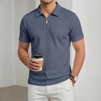 Férfi nylon elasztikus galléros zipzáras rövid ujjú polo, kockás jacquard mintázat, sportos casual golf polo