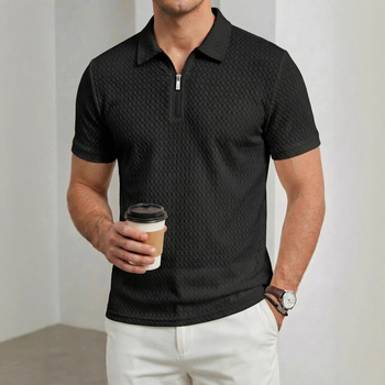 Férfi nylon elasztikus galléros zipzáras rövid ujjú polo, kockás jacquard mintázat, sportos casual golf polo