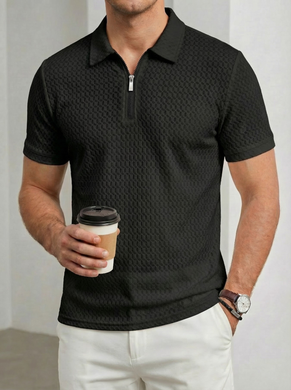 Férfi nylon elasztikus galléros zipzáras rövid ujjú polo, kockás jacquard mintázat, sportos casual golf polo