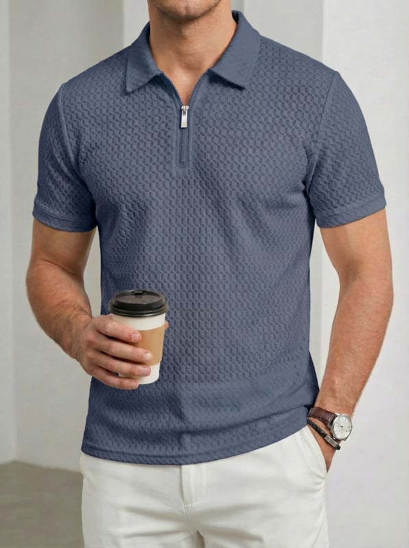 Férfi nylon elasztikus galléros zipzáras rövid ujjú polo, kockás jacquard mintázat, sportos casual golf polo