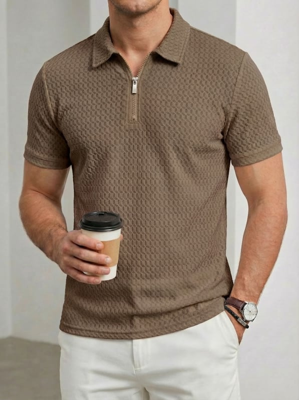 Férfi nylon elasztikus galléros zipzáras rövid ujjú polo, kockás jacquard mintázat, sportos casual golf polo