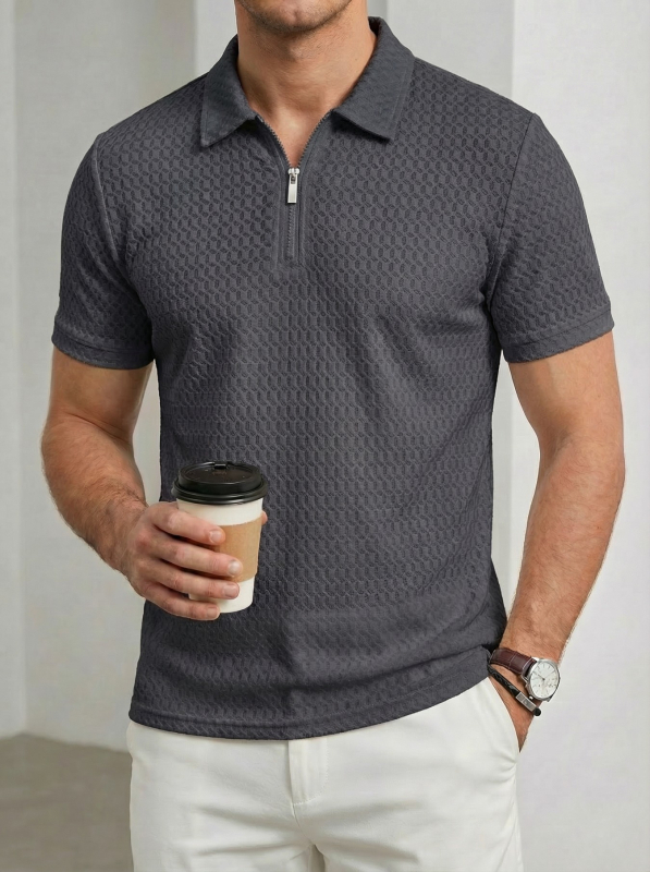 Férfi nylon elasztikus galléros zipzáras rövid ujjú polo, kockás jacquard mintázat, sportos casual golf polo