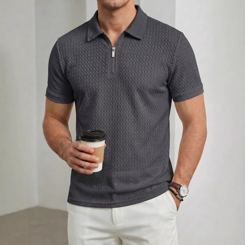 Férfi nylon elasztikus galléros zipzáras rövid ujjú polo, kockás jacquard mintázat, sportos casual golf polo