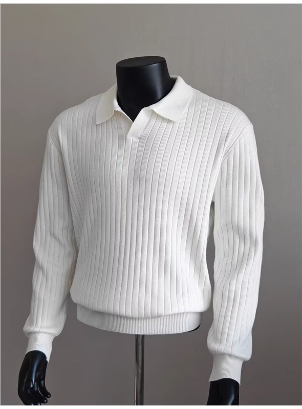 Férfi kötött polo Old Money stílusban, laza szabás, Seagull gallérral, csíkos, lélegző anyag
