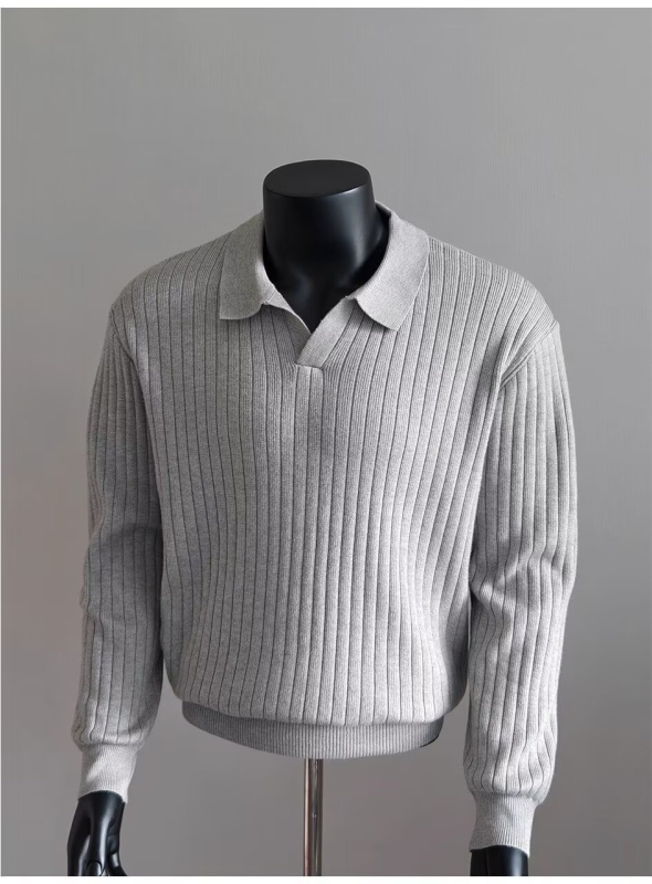 Férfi kötött polo Old Money stílusban, laza szabás, Seagull gallérral, csíkos, lélegző anyag