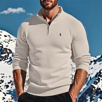 Férfi hímzett polo kötött pulóver, őszi-téli szezon, hosszú ujjú, álló gallér, fél-zip, casual trend, európai méret