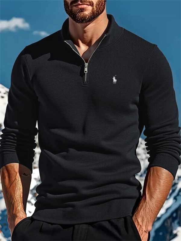 Férfi hímzett polo kötött pulóver, őszi-téli szezon, hosszú ujjú, álló gallér, fél-zip, casual trend, európai méret
