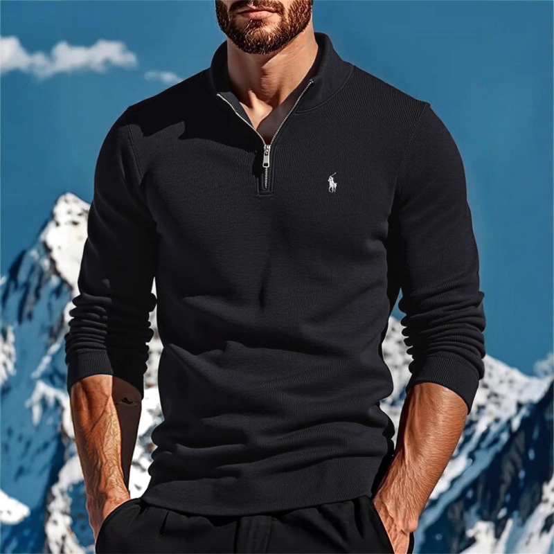 Férfi hímzett polo kötött pulóver, őszi-téli szezon, hosszú ujjú, álló gallér, fél-zip, casual trend, európai méret
