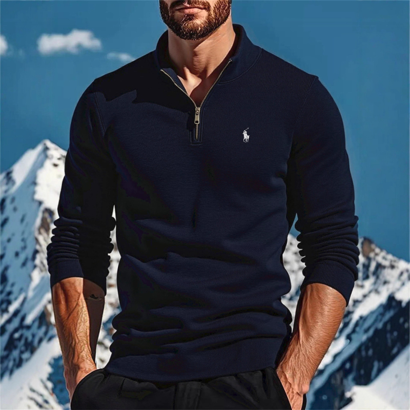 Férfi hímzett polo kötött pulóver, őszi-téli szezon, hosszú ujjú, álló gallér, fél-zip, casual trend, európai méret