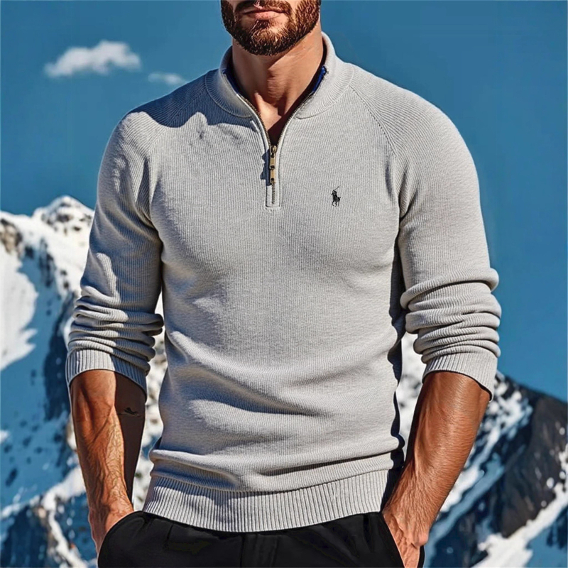 Férfi hímzett polo kötött pulóver, őszi-téli szezon, hosszú ujjú, álló gallér, fél-zip, casual trend, európai méret