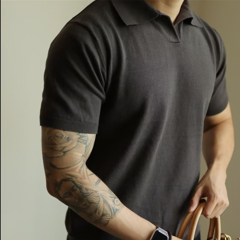 Férfi rövid ujjú galléros polo, kötött anyag, egyszínű, nyári viselet, Ice Silk anyag.