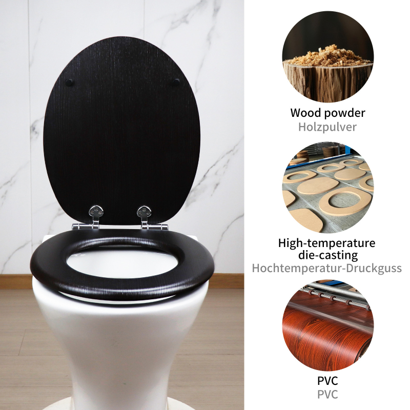 WC veko z MDF dosky s pomalým zatváraním, európsky štandard, odolný voči vlhkosti, model A416 čierny teak