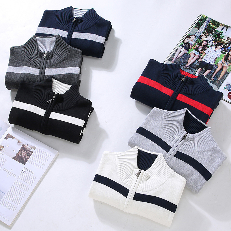 8502 Félzipzáras polo nyakú pulóver férfiaknak, őszi-téli, retro preppy stílus, csíkos, kontrasztos színekben kötött