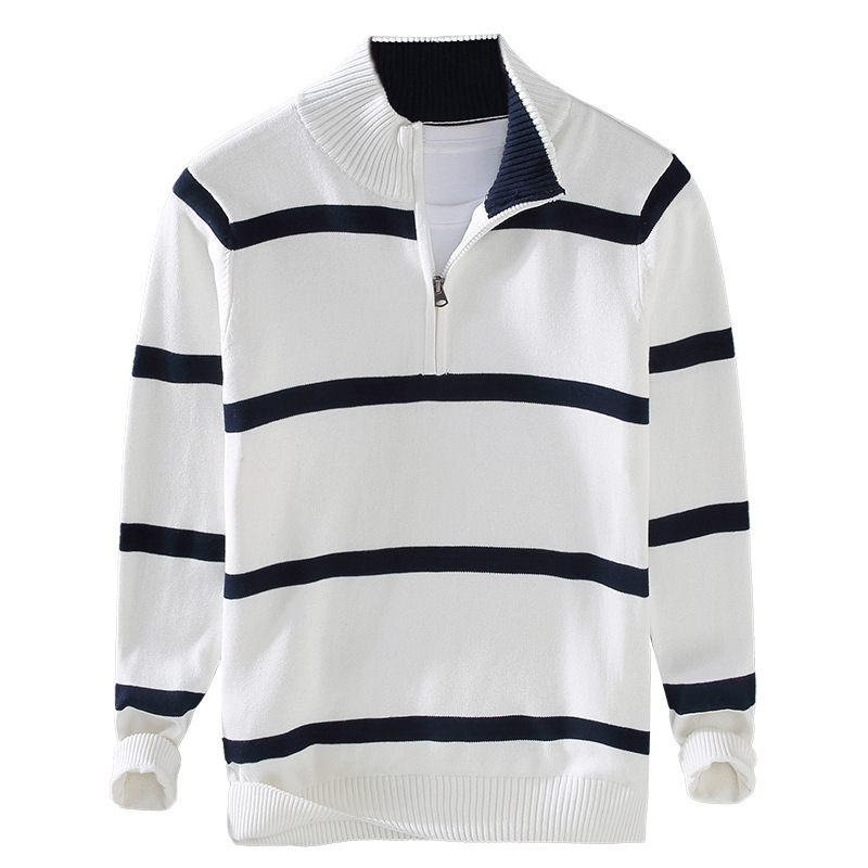 8502 Félzipzáras polo nyakú pulóver férfiaknak, őszi-téli, retro preppy stílus, csíkos, kontrasztos színekben kötött