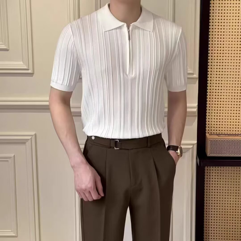 Férfi nyári könnyű kötött polo ing rövid ujjú, fél cipzárral, gallér, karcsú szabás, csíkos jacquard minta