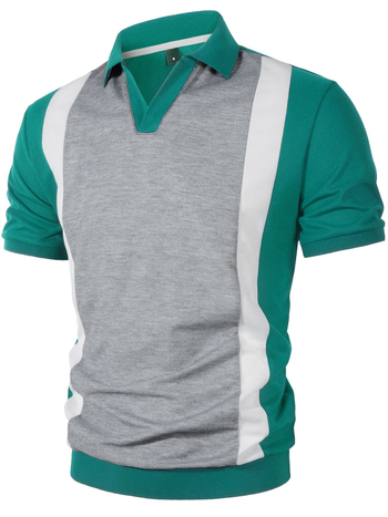Shanggu férfi slim-fit póló V-nyakkal, kontrasztos blokkos mintázat, hosszú ujjú, aszimmetrikus dizájn