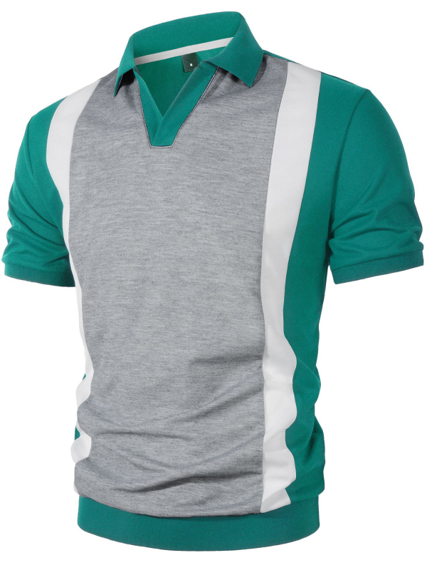 Shanggu férfi slim-fit póló V-nyakkal, kontrasztos blokkos mintázat, hosszú ujjú, aszimmetrikus dizájn