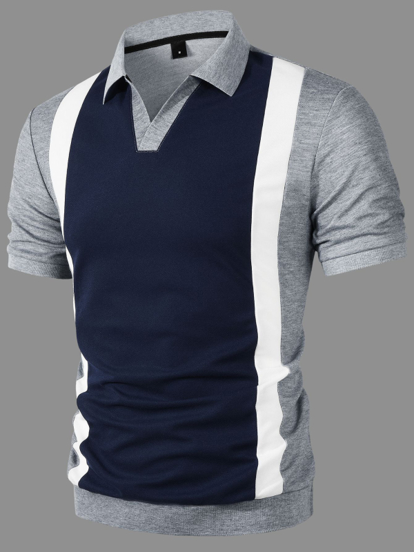 Shanggu férfi slim-fit póló V-nyakkal, kontrasztos blokkos mintázat, hosszú ujjú, aszimmetrikus dizájn
