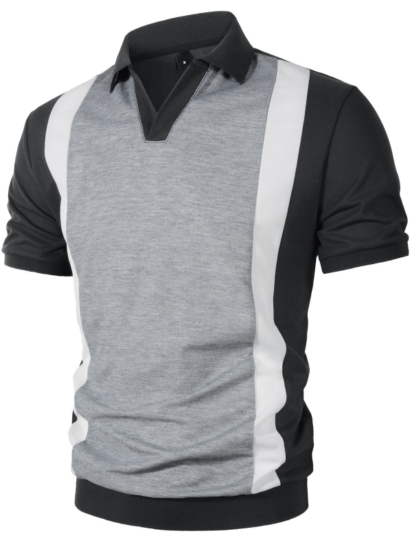 Shanggu férfi slim-fit póló V-nyakkal, kontrasztos blokkos mintázat, hosszú ujjú, aszimmetrikus dizájn