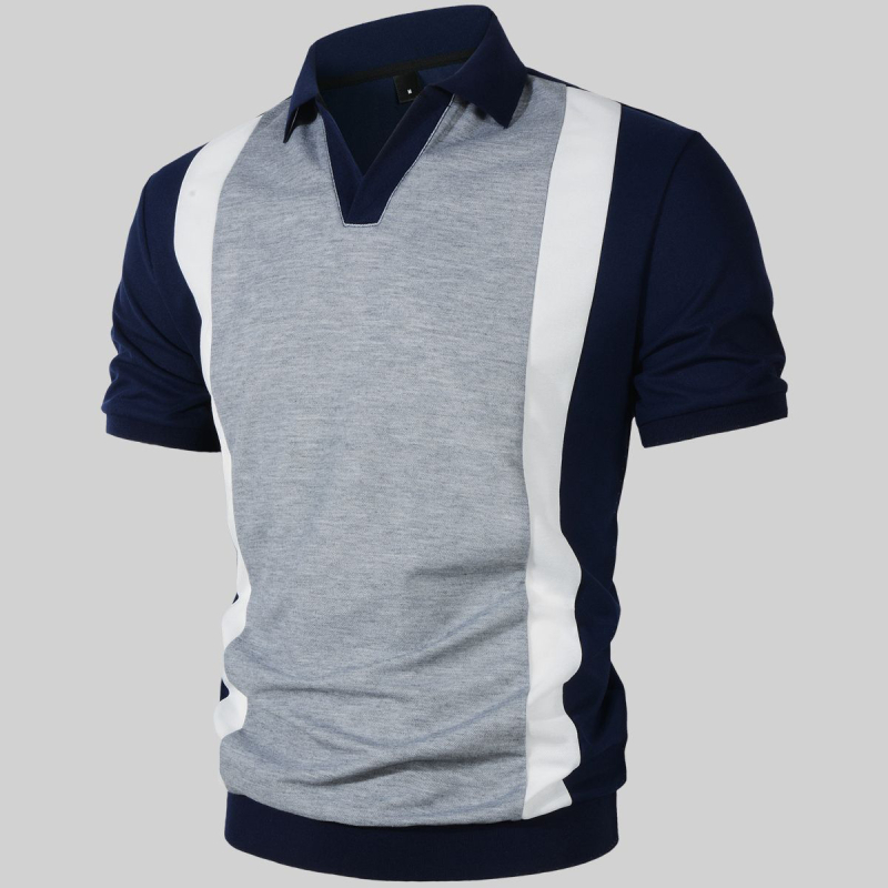 Shanggu férfi slim-fit póló V-nyakkal, kontrasztos blokkos mintázat, hosszú ujjú, aszimmetrikus dizájn