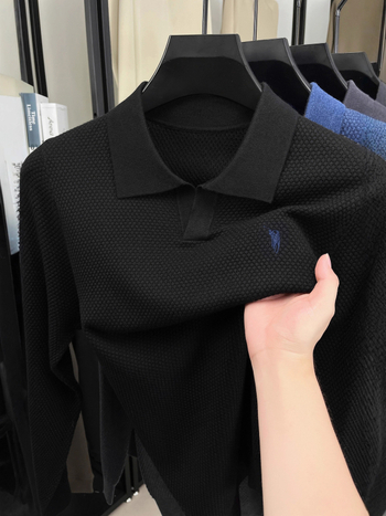 Férfi egyszínű kötött polo póló ananász mintával, hímzett gallérral, casual, hosszú ujjú