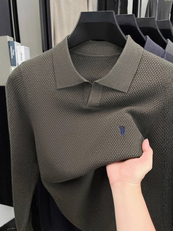 Férfi egyszínű kötött polo póló ananász mintával, hímzett gallérral, casual, hosszú ujjú