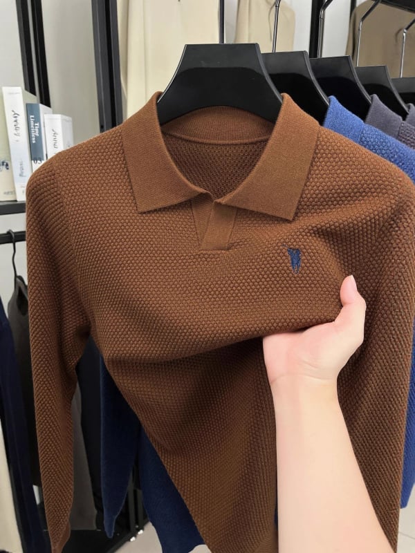Férfi egyszínű kötött polo póló ananász mintával, hímzett gallérral, casual, hosszú ujjú