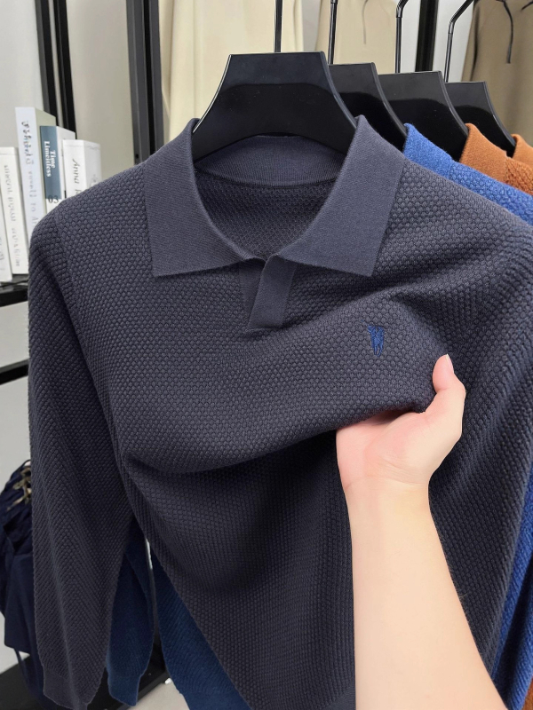 Férfi egyszínű kötött polo póló ananász mintával, hímzett gallérral, casual, hosszú ujjú