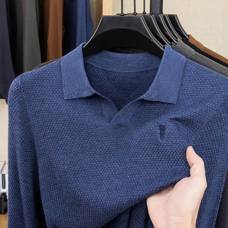 Férfi egyszínű kötött polo póló ananász mintával, hímzett gallérral, casual, hosszú ujjú
