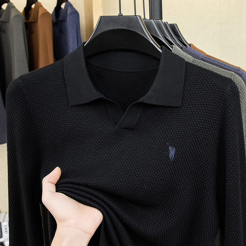Férfi egyszínű kötött polo póló ananász mintával, hímzett gallérral, casual, hosszú ujjú