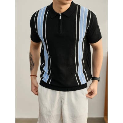 Légáteresztő rövid ujjú polo, olasz stílusú jacquard mintás, színes blokkokkal, hűs