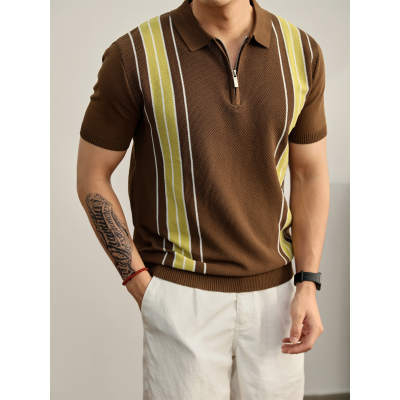Légáteresztő rövid ujjú polo, olasz stílusú jacquard mintás, színes blokkokkal, hűs