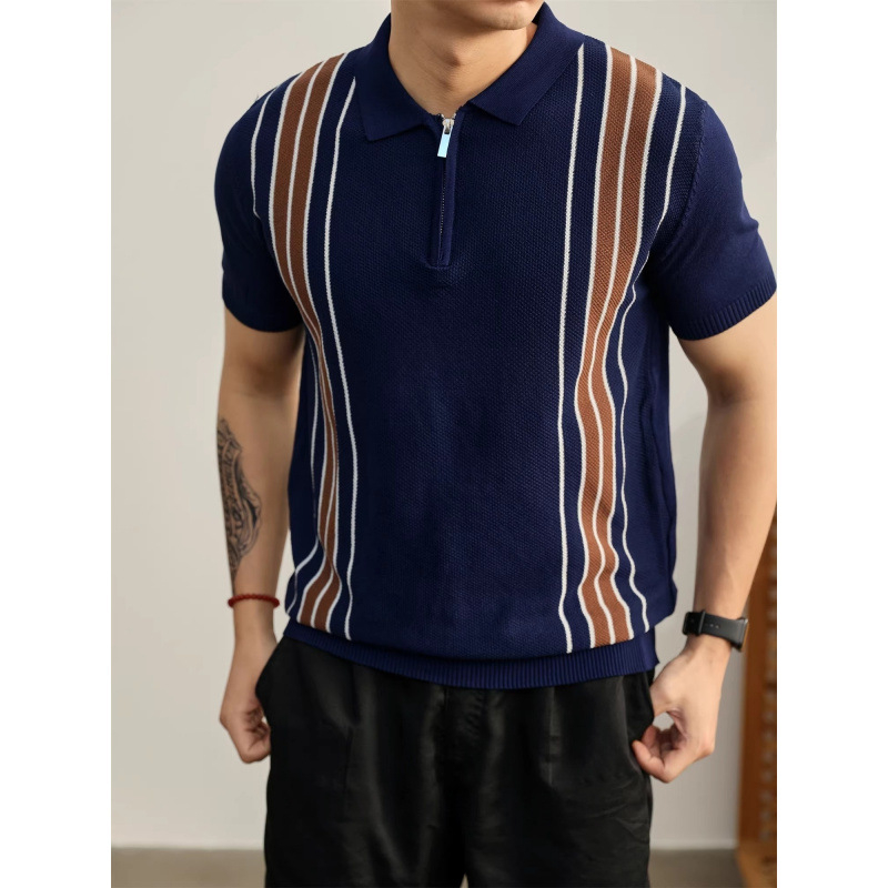 Légáteresztő rövid ujjú polo, olasz stílusú jacquard mintás, színes blokkokkal, hűs