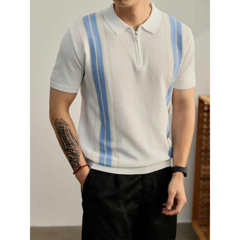 Légáteresztő rövid ujjú polo, olasz stílusú jacquard mintás, színes blokkokkal, hűs