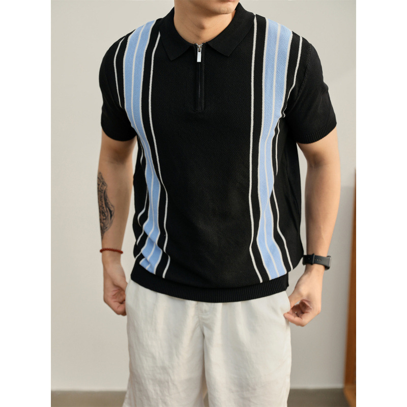 Légáteresztő rövid ujjú polo, olasz stílusú jacquard mintás, színes blokkokkal, hűs