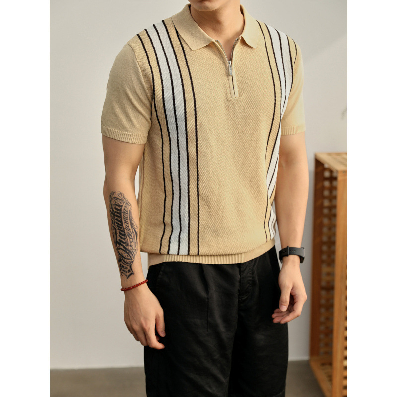 Légáteresztő rövid ujjú polo, olasz stílusú jacquard mintás, színes blokkokkal, hűs