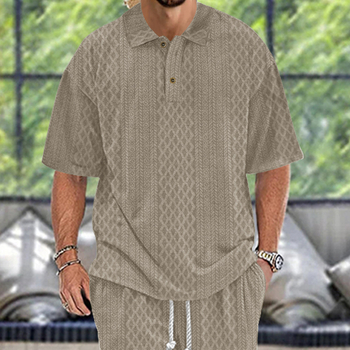 Férfi jacquard kötött polo ing, rövid ujjú, laza szabás, plusz méret, 2024 nyár