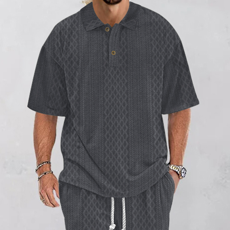 Férfi jacquard kötött polo ing, rövid ujjú, laza szabás, plusz méret, 2024 nyár