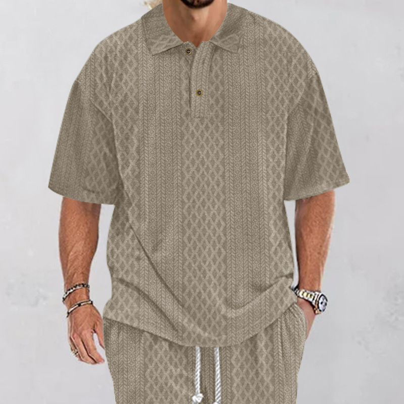 Férfi jacquard kötött polo ing, rövid ujjú, laza szabás, plusz méret, 2024 nyár