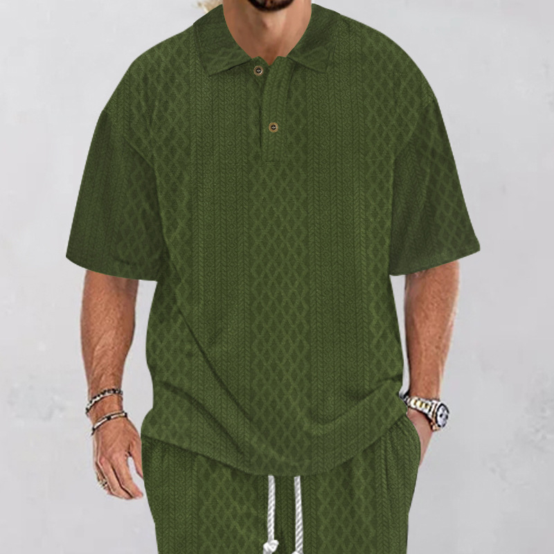 Férfi jacquard kötött polo ing, rövid ujjú, laza szabás, plusz méret, 2024 nyár