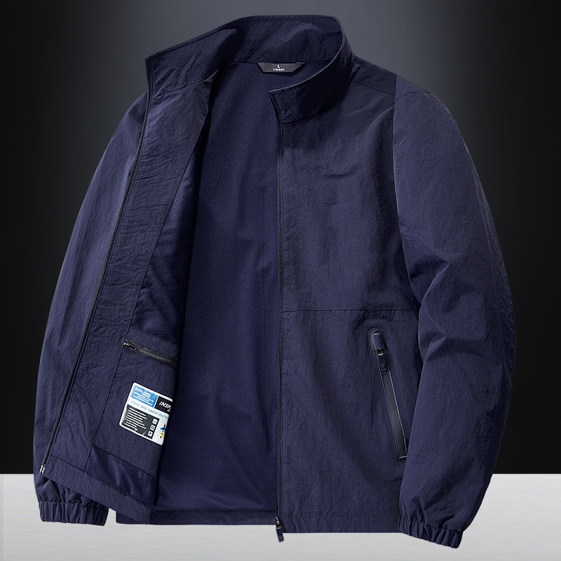 Férfi könnyű szélálló dzseki tavasz-őszre, slim fit, álló gallér, zipzárral, kapucni nélkül, egyszínű nylonból.