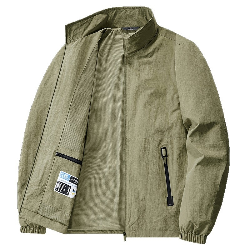 Férfi könnyű szélálló dzseki tavasz-őszre, slim fit, álló gallér, zipzárral, kapucni nélkül, egyszínű nylonból.