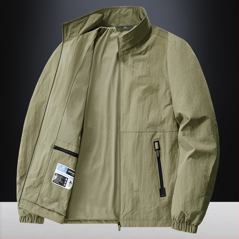 Férfi könnyű szélálló dzseki tavasz-őszre, slim fit, álló gallér, zipzárral, kapucni nélkül, egyszínű nylonból.